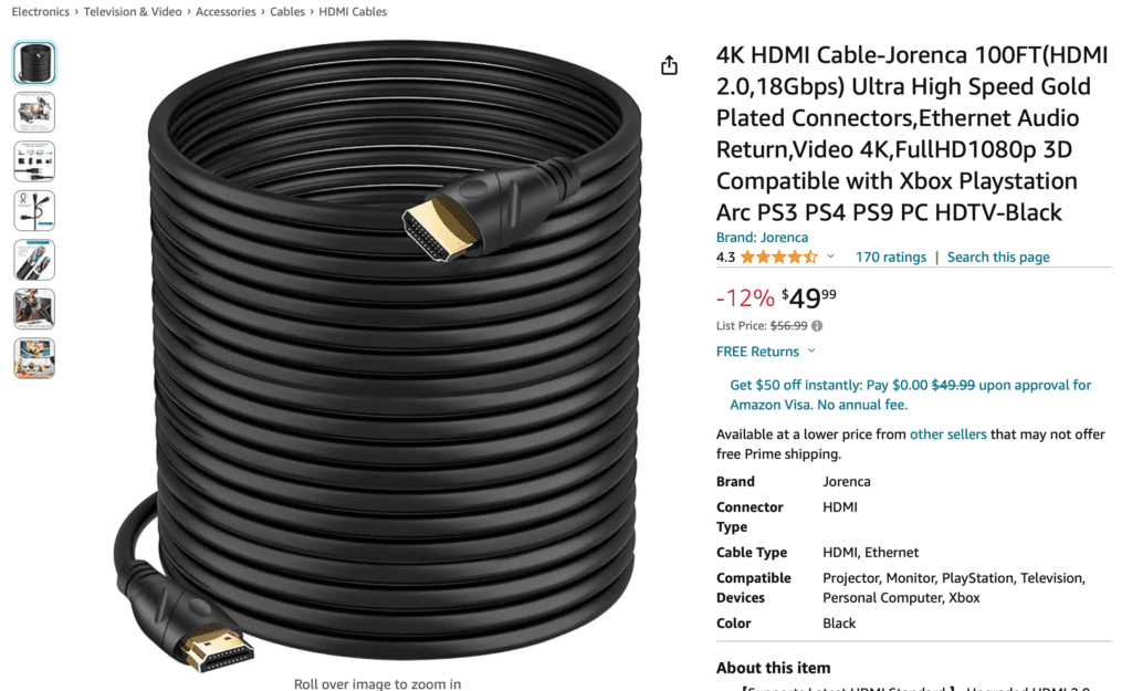 100ft 30meter HDMI 2.0 cable without booster