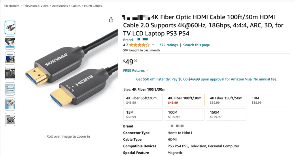 fiber HDMI 2.0 cable 100ft 30meter retail price