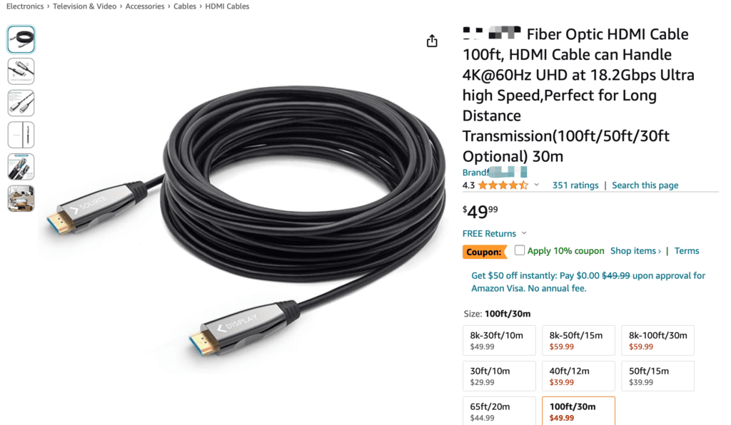 fiber HDMI 2.0 cable 100ft 30meter retail price